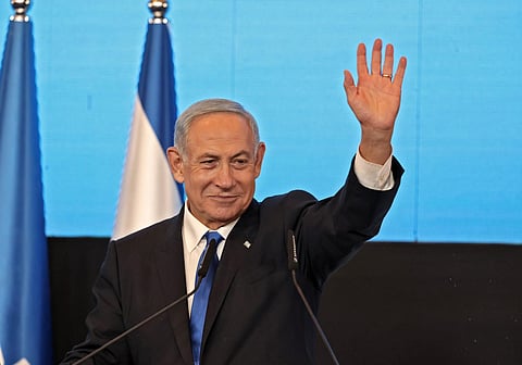 Israel's ex-premier and leader of the Likud party Benjamin Netanyahu addresses supporters at campaign headquarters in Jerusalem early on November 2, 2022. (Photo | AFP)