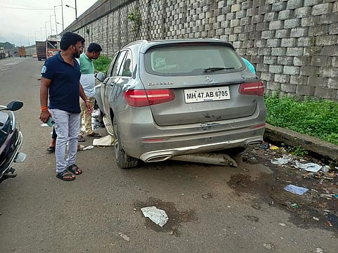 Wreckage of the Mercedes car in which businessman and former Tata Sons Chairman Cyrus Mistry was travelling when it met with an accident in Palghar. (Photo | PTI)