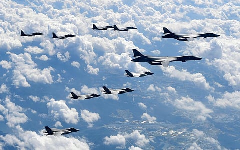 U.S. Air Force B-1B bombers, F-35B stealth fighter jets and South Korean F-15K fighter jets fly over the Korean Peninsula (Photo | AP)