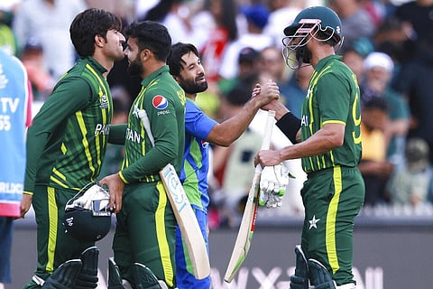 Pakistan players celebrate after the T20 World Cup cricket match against Bangladesh in Adelaide, Australia. (Photo | AP)
