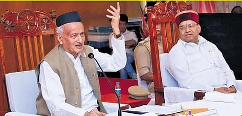 Maharashtra Governor Bhagat Singh Koshyari and Karnataka Governor Thawarchand Gehlot at the coordination meeting held at the Residency Club in Kolhapur on Friday.