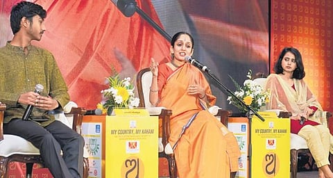 Prateek, Arushi and Sniti at the session. (Below) Sniti sings ‘Saraswati Vandana’ at Odisha Literary Festival | Express