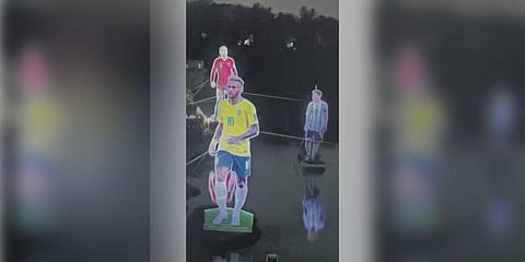 The new cut-out of Portugese football star Cristiano Ronaldo installed in the Pullavoor river in Kozhikode. Cut-outs of Messi and Neymar, placed earlier, are also seen | Express