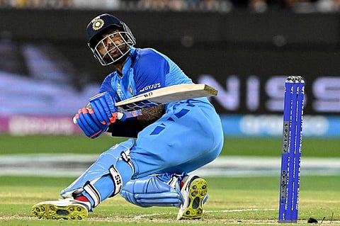 Suryakumar Yadav put his scoop shot to good use, scoring 28 off his 61 runs in the 'V' behind the wicket.(Photo | AFP)