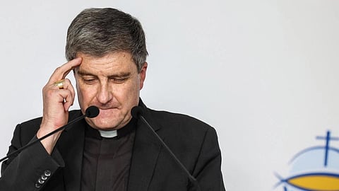 Archbishop of Reims and President of Bishops' Conference of France, Eric de Moulins-Beaufort delivers a press conference in Lourdes, south-western France on November 7, 2022. (Photo | AFP)