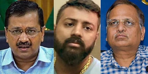 Arvind Kejriwal, Sukesh Chandrashekhar and Satyendar Jain. (Photo | Special arrangement)