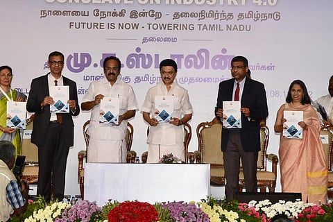 Tamil Nadu CM M.K. Stalin released the Aviation and Defence Policy at a Conclave on Industry 4.0 in Chennai on Tuesday, Nov. 8, 2022. (Express | R.Satish babu)