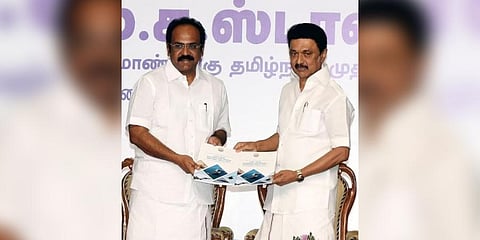 Chennai: Tamil Nadu CM MK Stalin releasing the Aviation and Defence Policy and handing it over to Thangam Thennarasu, TN Industries Minister also seen, at a Conclave on Industry 4.0, at Tidel park in