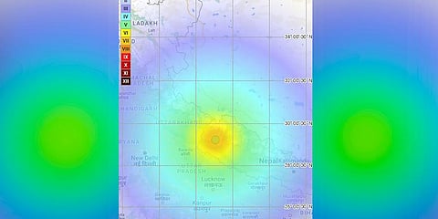 A graphic depicts the earthquake of Magnitude:6.3, that occurred on early Wednesday. (Photo | PTI)