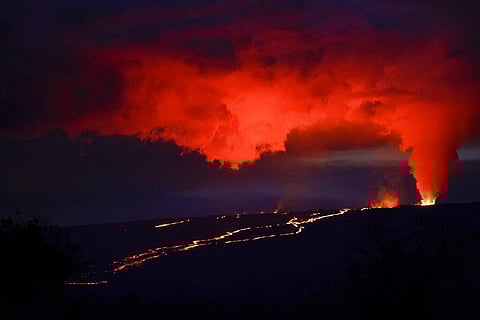 Lava erupts from Hawaii's Mauna Loa volcano, Nov. 30, 2022, near Hilo, Hawaii. (Photo | AP)