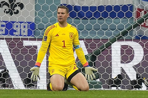 Germany's goalkeeper Manuel Neuer reacts after receiving a goal during the World Cup group E soccer match between Costa Rica and Germany at the Al Bayt Stadium ( Photo | AP)