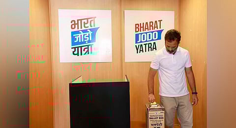 Rahul Gandhi seen casting his vote in the AICC presidential election. He needs to focus on bringing in the votes too. (Photo | Express)