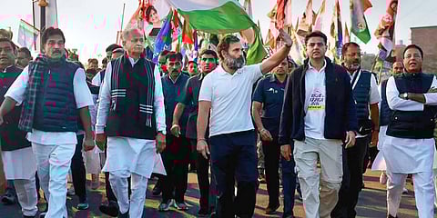 Congress leader Rahul Gandhi with Rajasthan CM Ashok Gehlot, party leaders KC Venugopal, Sachin Pilot and Randeep Surjewala during the Bharat Jodo Yatra, in Kota. (Photo | PTI)