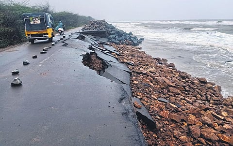 Kakinada police blocked entry of tourists on the Uppada Beach Road on Saturday due to high tide. (File Photo)