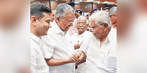 Chief Minister Pinarayi Vijayan greets Congress leader Vayalar Ravi at the P S John endowment award function in Kochi on Saturday. MP Hibi Eden looks on | Express