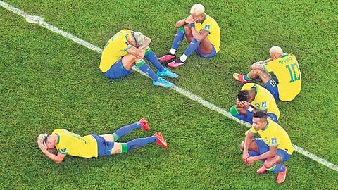 Brazil players in tears after their agonising defeat in the penalty shootout (2-4) against Croatia in the World Cup quarterfinals match (Photo | AP)