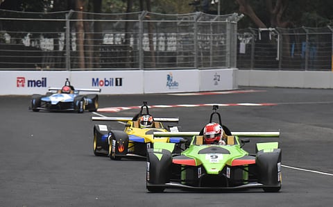Racers warm up for the second phase of the Indian Racing League at the Hyderabad Street Circuit on Saturday. (Photo | Jwala, EPS)