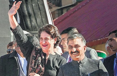 Himachal Pradesh Chief Minister Sukhvinder Singh Sukhu with Congress leader Priyanka Gandhi Vadra after the swearing-in ceremony in Shimla on Sunday | PTI