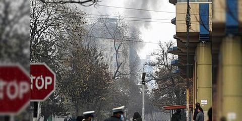 Smoke rises from a site of an attack at Shahr-e-naw which is city's one of main commercial areas in Kabul on Dec. 12, 2022. (Photo | AFP)
