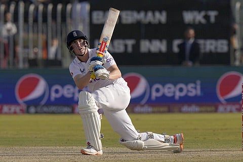 England's Harry Brook plays a shot during the fourth day of the first test cricket match between Pakistan and England, in Rawalpindi, Pakistan on Dec. 4, 2022.(File |AP)