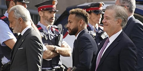 Brazil forward Neymar arrives at a court on the second day of a trial in Barcelona, Spain, Tuesday Oct. 18, 2022. (File Photo | AP)