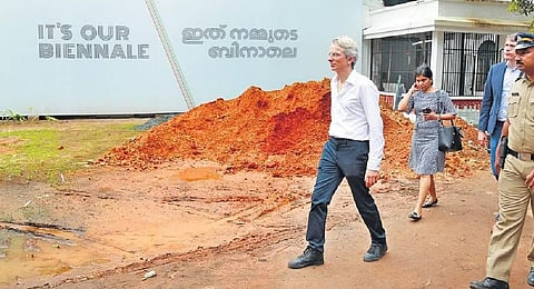 French ambassador Emmanuel Lenain visiting Aspinwall House, the main venue of the Kochi-Muziris Biennale, in Fort Kochi on Monday | T P Sooraj