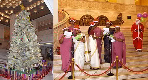  The 21-feet tree at ITC Grand Chola is made of palm leaves. (Photo | Ashwin Prasath, EPS)