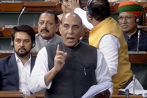 Defence Minister Rajnath Singh speaks in the Lok Sabha during the ongoing Winter Session of Parliament. (Photo | PTI)