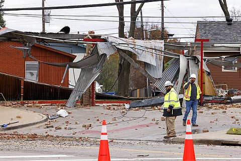 Crews survey damage from a possible tornado in Grapevine, Texas, Tuesday, Dec. 13, 2022. (Photo | AP)