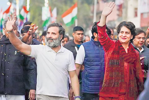 Rahul Gandhi and Priyanka Gandhi Vadra in Sawai Madhopur on Tuesday (Photo | PTI)