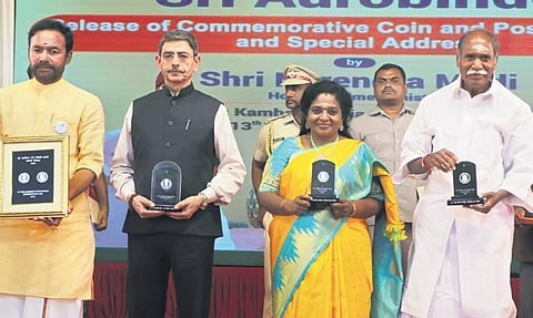 Release of commemorative coin and postage stamp on Sri Aurobindo at Kamban Kalai Arangam in Puducherry on Tuesday | Sriram R