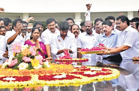 New cabinet minister Udhayanidhi Stalin paying floral tribute to the memorial of his grandfather and former CM M Karunanidhi on Wednesday | Vignesh Saravanan