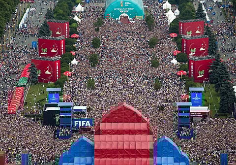 Soccer fans celebrate in the fan zone after the final match between France and Croatia at the 2018 soccer World Cup in Moscow, Russia, Sunday, July 15, 2018.(Photo | AP)