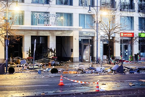Debris lay on the street after a huge fish tank burst at the Seal Life Aquarium in central Berlin, Germany (Photo| AP)