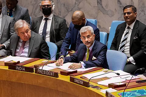 External Affairs Minister S. Jaishankar speaks while chairing an open debate in the Security Council on 'New Orientation for Reformed Multilateralism. (Photo | PTI)