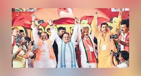BJP national president JP Nadda poses with senior party leaders at the public meeting held at SRR College Grounds in Karimnagar on Thursday
