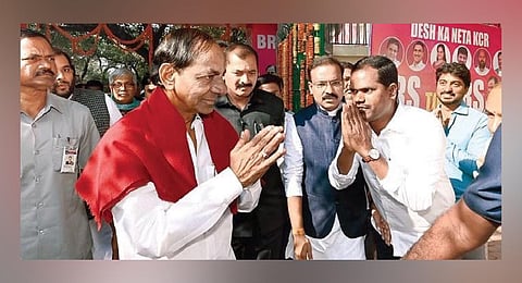 BRS supremo K Chandrasekhar Rao visits the party office in New Delhi on Friday