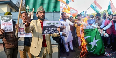 A collage of BJP leaders staging nationwide protests and burning effigies of Bilawal Bhutto and Pakistan flag. (Photo | PTI)