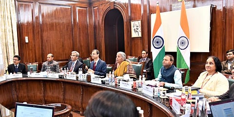 India's Finance Minister Nirmala Sitharaman chairs the meeting of the GST Council in New Delhi. (Photo | Twitter @FinMinIndia)
