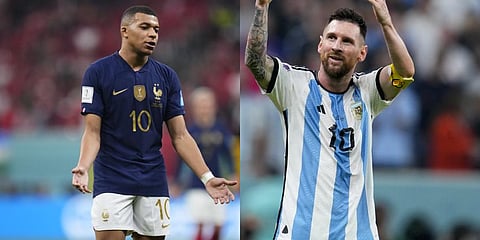 Argentina's Lionel Messi, (R), will be at loggerheads with France's Kylian Mbappe as the club teammates will have a pivotal role to play in the finals on Sunday. (File Photo | AP)