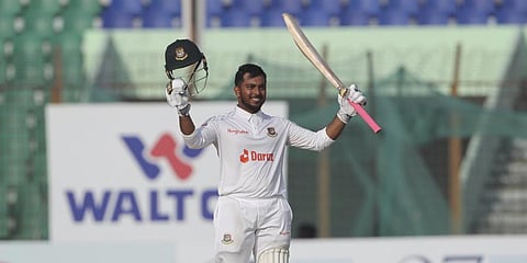 Bangladesh's Zakir Hasan celebrates scoring a century during the day four of the first Test cricket match between Bangladesh and India.(Photo | AP)