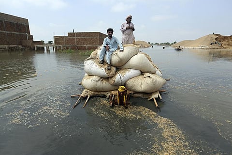 Flood victims from monsoon rain use a makeshift barge to carry hay for cattle, in Jaffarabad, a district of Pakistan's southwestern Baluchistan province, on Sept. 5, 2022. (Photo | AP)