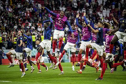 France players celebrate after their quarterfinal match against England on Saturday. (File Photo | AP)