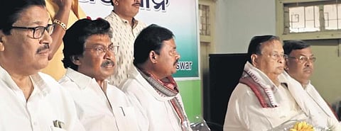 Congress Odisha in-charge A Chellakumar and OPCC president Sarat Patnaik attending a programme in Congress Bhawan in Bhubaneswar on Sunday | Express