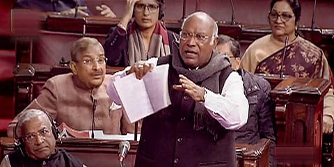 Congress President Mallikarjun Kharge speaks in the Rajya Sabha during the ongoing Winter Session of Parliament, in New Delhi, Dec. 19, 2022. (Photo | PTI)