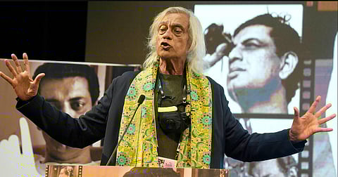 Eminent film director Sudhir Mishra delivers Satyajit Ray Memorial lecture during ongoing 28th Kolkata International Film Festival in Kolkata. (Photo | PTI)