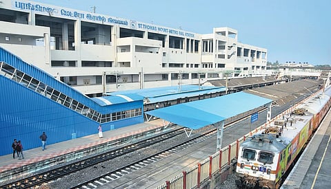 A foot-over bridge at St Thomas Mount station that links the integrated building of MRTS with the metro station. (Photo | Ashwin Prasath, EPS)