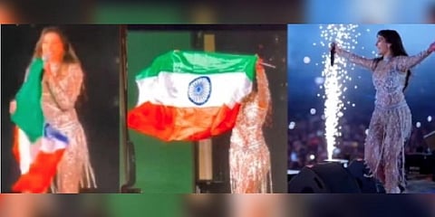 Actress Nora Fatehi holding Indian flag upside down (Photo | IANS)