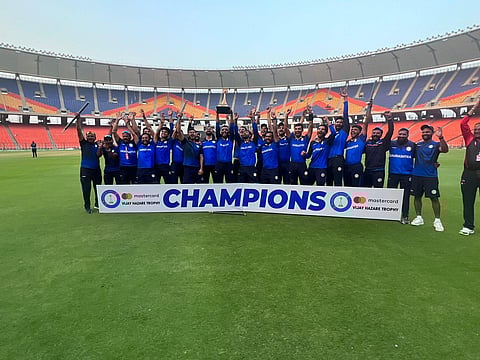 Saurashtra team members celebrate their title triumph | Special arrangement