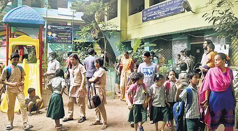 Students of Chennai primary school in Puliyur, one of the schools selected to receive best-school award in Chennai district. (Photo | Martin Louis, EPS)